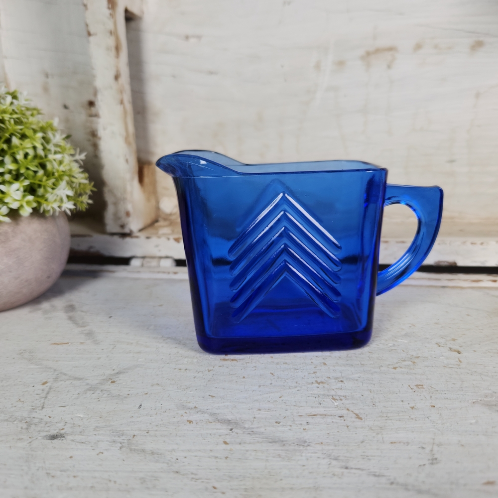 Vintage Hazel Atlas Cobalt Blue Glass Chevron Creamer Pitcher - Art Deco